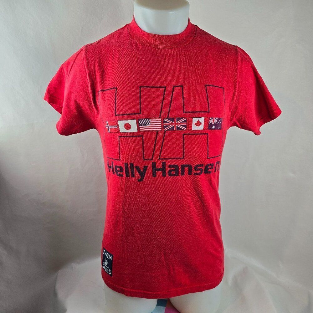 Helly Hansen T-Shirt Mens Small Red Twin Sails Spell Out Flags Vintage 90's 0266